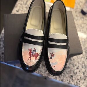Elegant Black and White Loafers with Equestrian Print